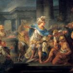 Aleksandar Veliki sječe Gordijev čvor, ulje na platnu francuskog slikara Žan-Simona Bertelemija (Jean-Simon Berthélemy) iz 1767. godine; izvor: Wikipedia.